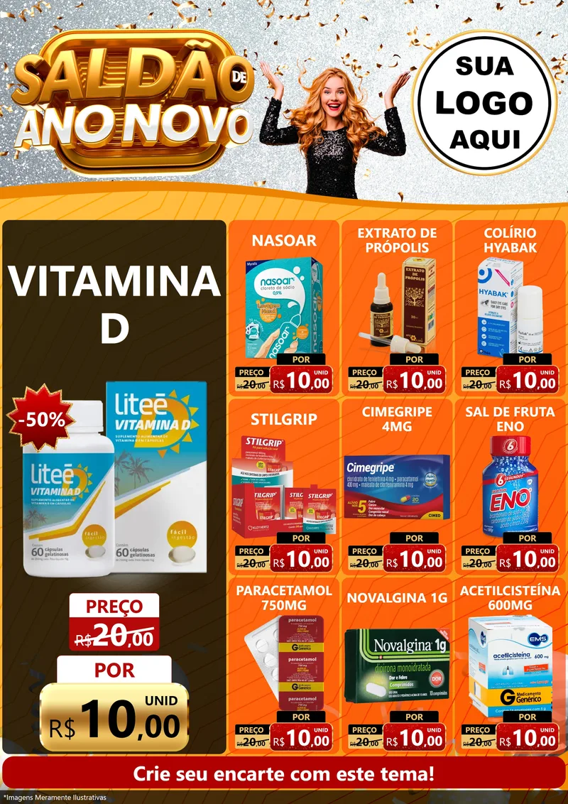 Modelo de Encarte para Encarte A4 Vertical com o tema Saldão de Ano Novo para Farmácia