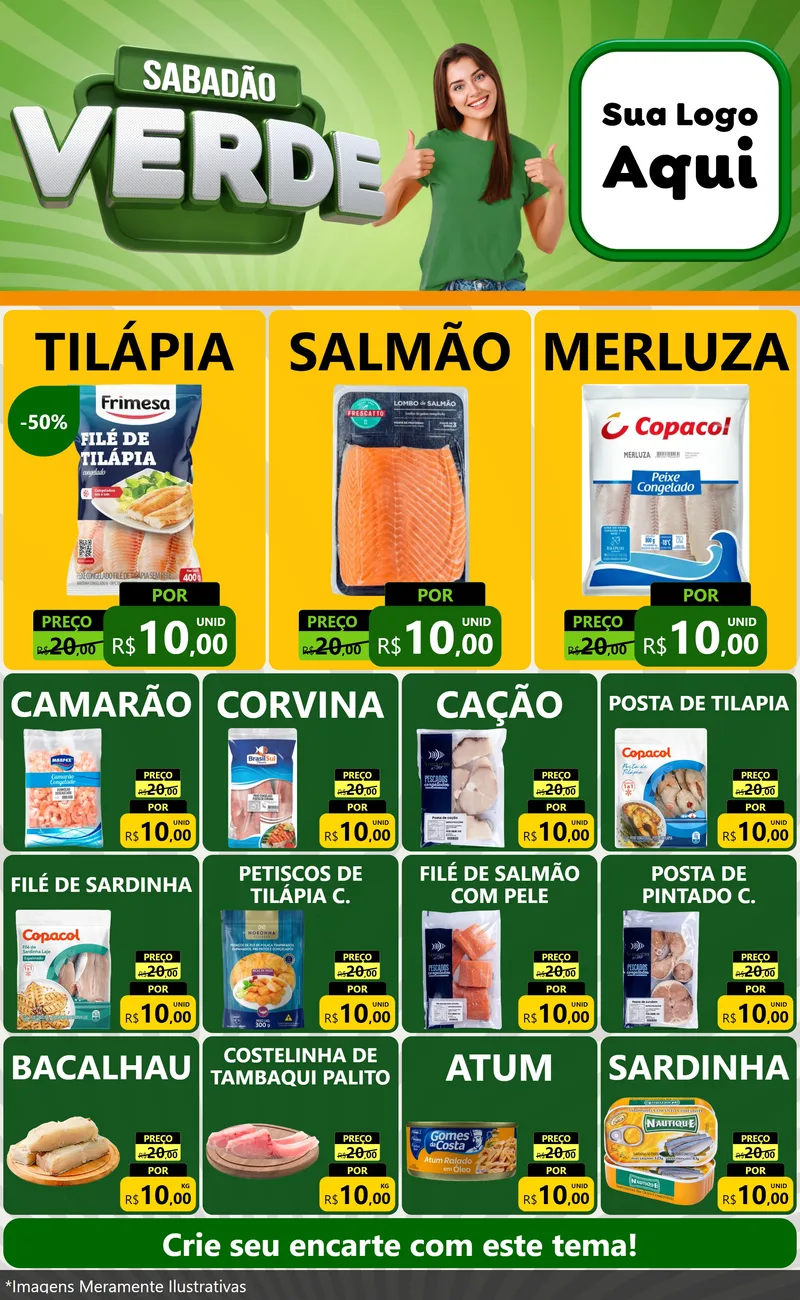 Modelo de Encarte para Encarte Grande com o tema Sabadão Verde para Peixaria