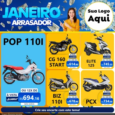 Modelo de Rede Social para Feed Facebook com o tema Janeiro Arrasador para Concessionaria de Motos