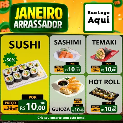 Modelo de Rede Social para Feed Facebook com o tema Janeiro Arrasador para Comida japonesa