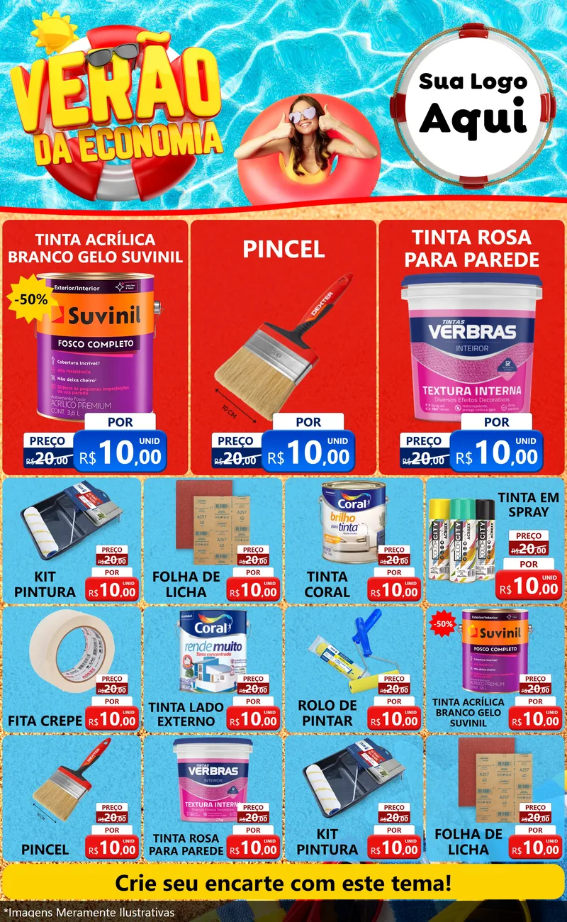 Modelo de Encarte para Encarte Grande com o tema Verão da Economia para Tintas e Ferramentas