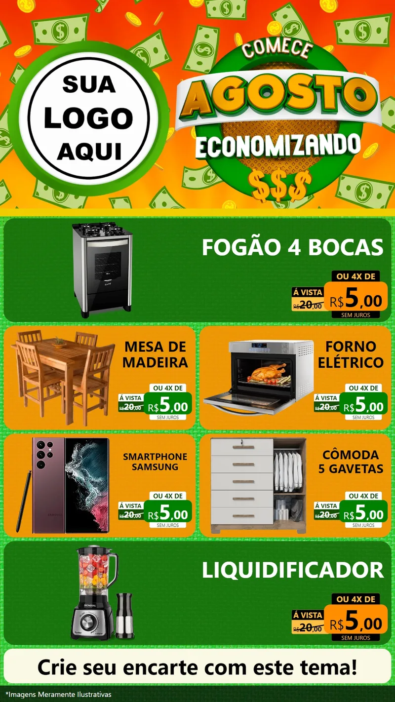 Modelo de TV para TV Vertical com o tema Comece Agosto Economizando para Móveis e Eletro