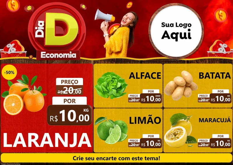Modelo de Encarte para Encarte A4 Horizontal com o tema Dia D Economia para Hortifrúti