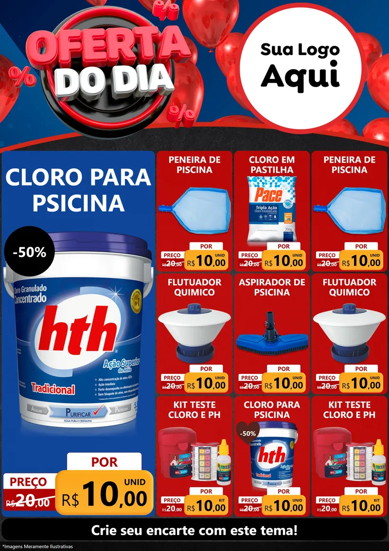Modelo de Encarte para Encarte A4 Vertical com o tema Oferta do Dia para Produtos para Piscina