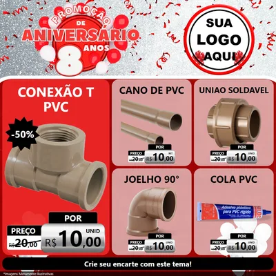 Modelo de Rede Social para Feed Facebook com o tema Promoção de Aniversário - 8 Anos para Tubos e conexões