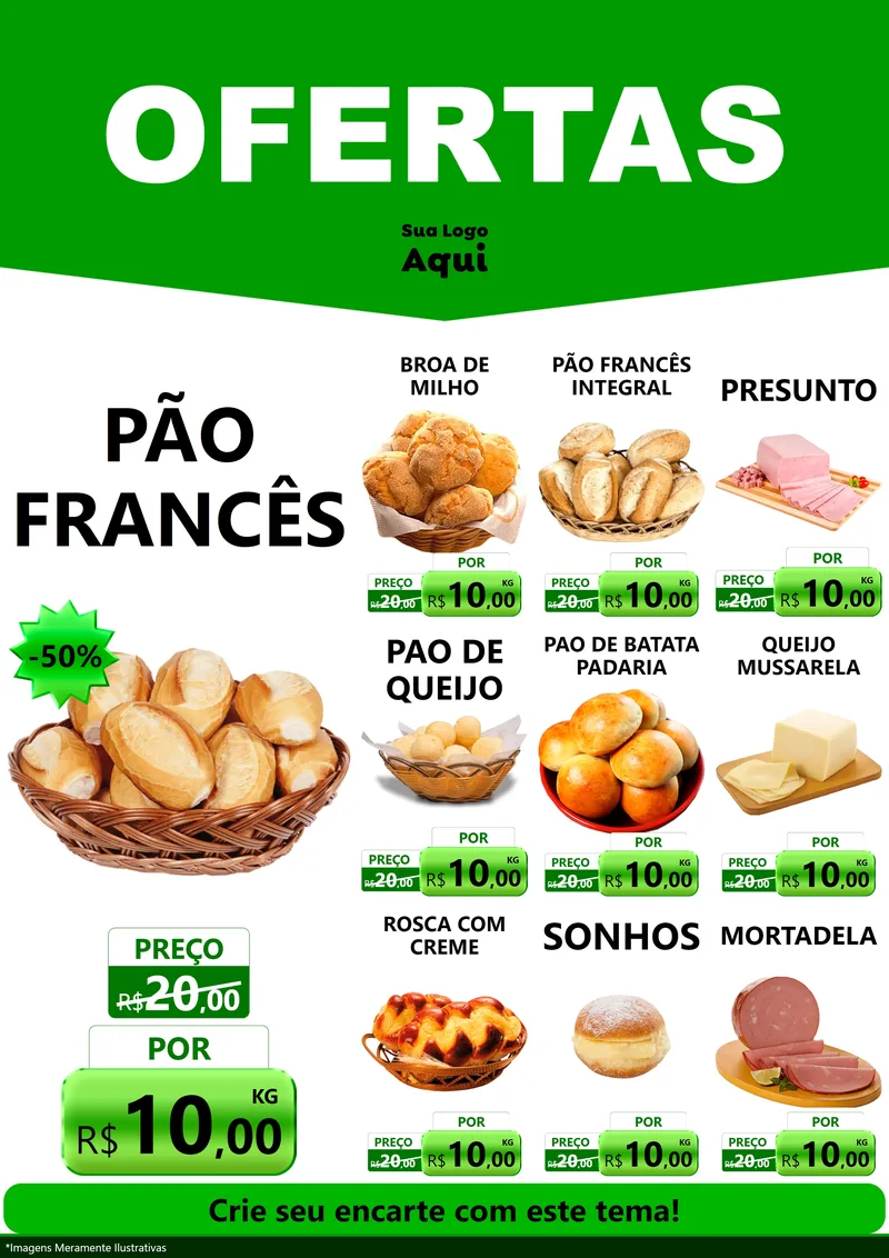 Modelo de Encarte para Encarte A4 Vertical com o tema Ofertas Verde Cartaz para Padaria