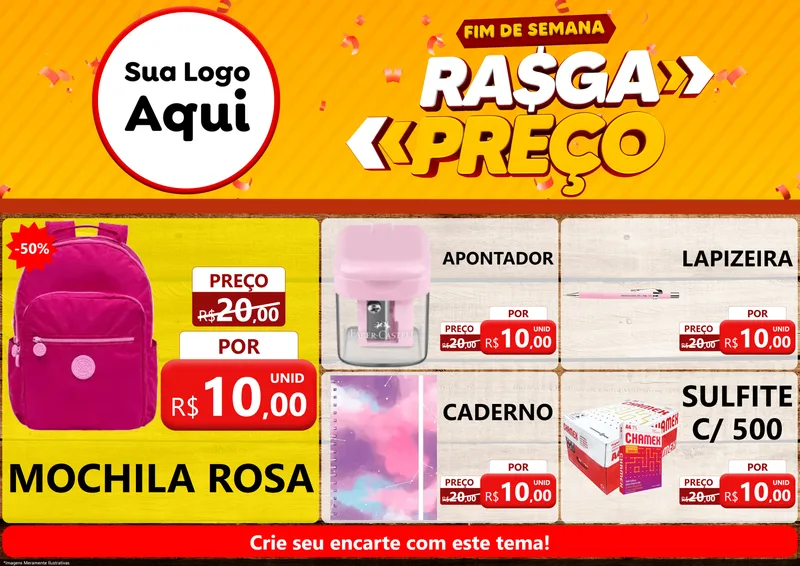 Modelo de Encarte para Encarte A4 Horizontal com o tema Fim de Semana Rasga Preços para Papelaria
