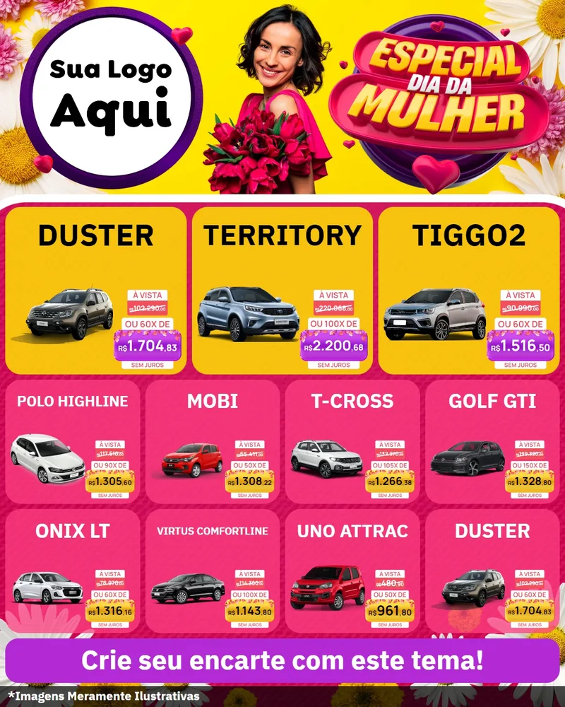 Modelo de Rede Social para Feed Instagram com o tema Especial Dia da Mulher para Concessionaria de Carros
