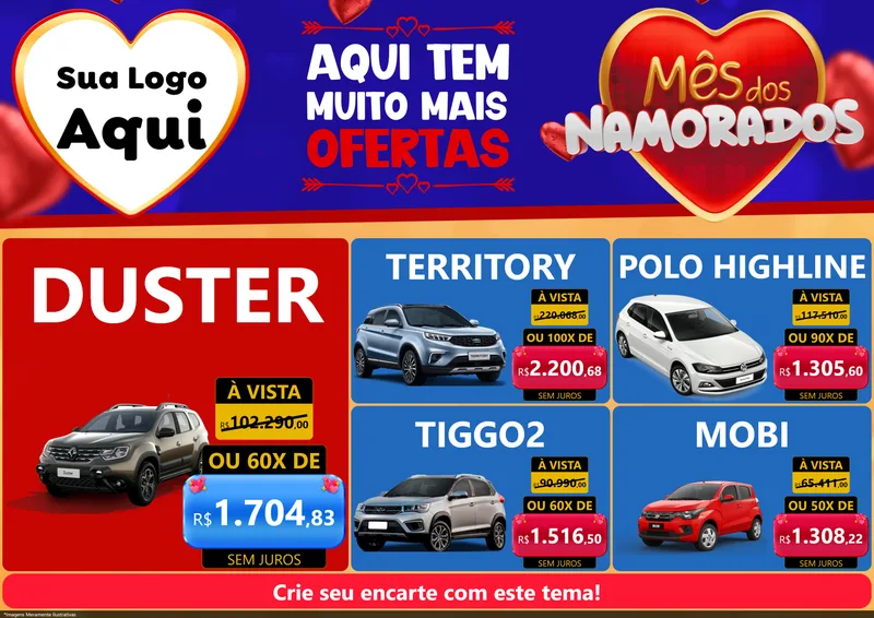 Modelo de Encarte para Encarte A4 Horizontal com o tema Mês dos Namorados para Concessionaria de Carros