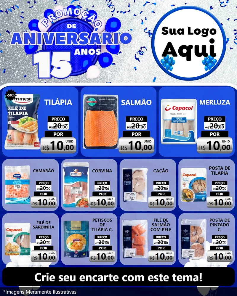 Modelo de Rede Social para Feed Instagram com o tema Promoção de Aniversário - 15 Anos para Peixaria