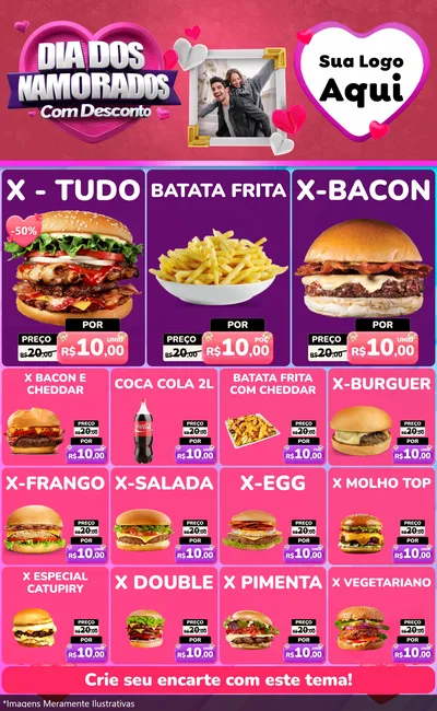 Modelo de Encarte para Encarte Grande com o tema Dia Dos Namorados Com Desconto para Hamburgueria