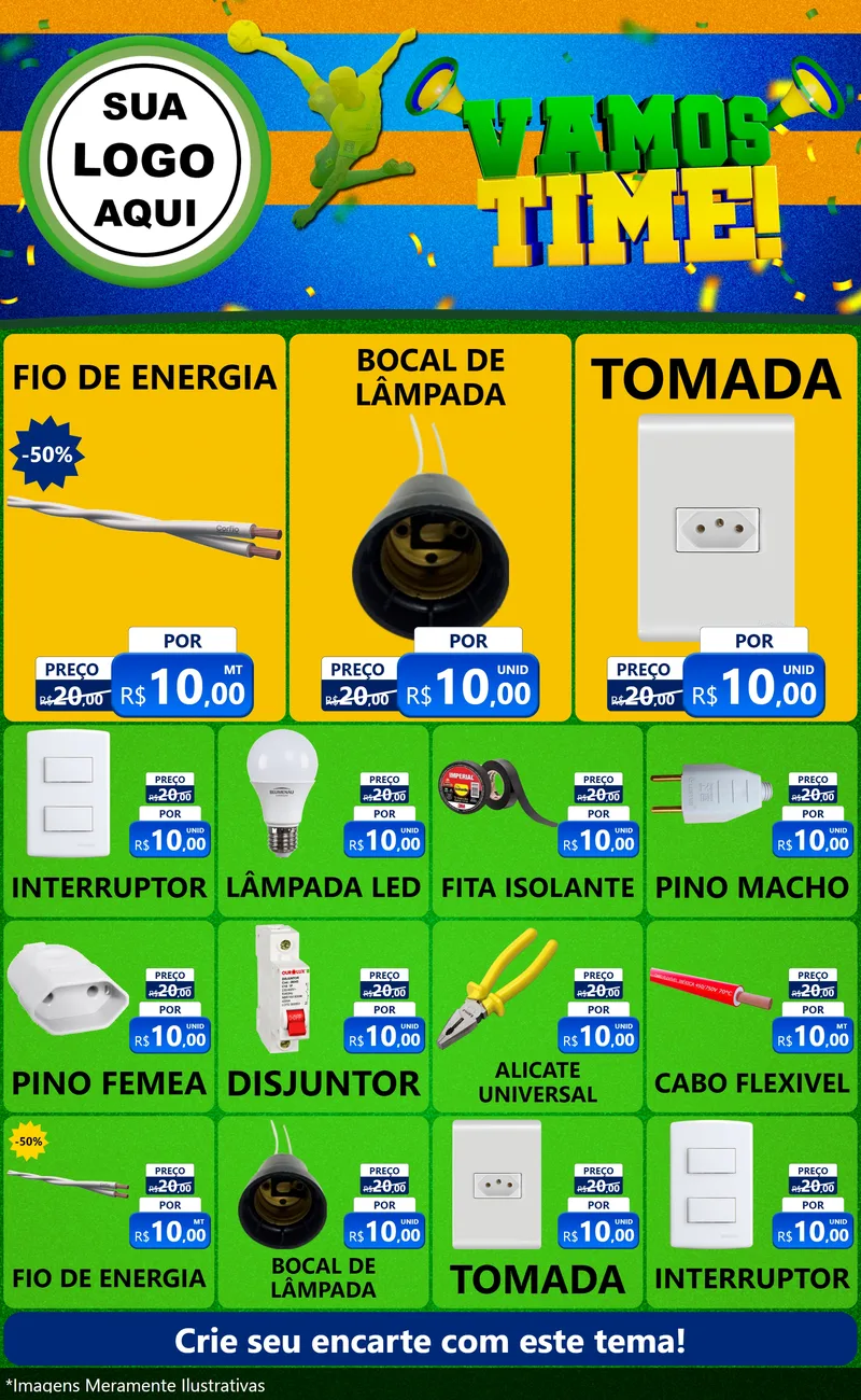 Modelo de Encarte para Encarte Grande com o tema Vamos Time! para Materiais Elétricos