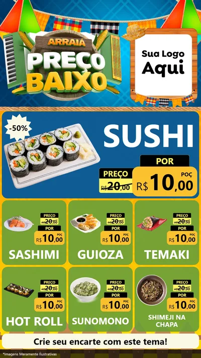 Modelo de Rede Social para Stories com o tema Arraiá de Preço Baixo - Junina para Comida japonesa