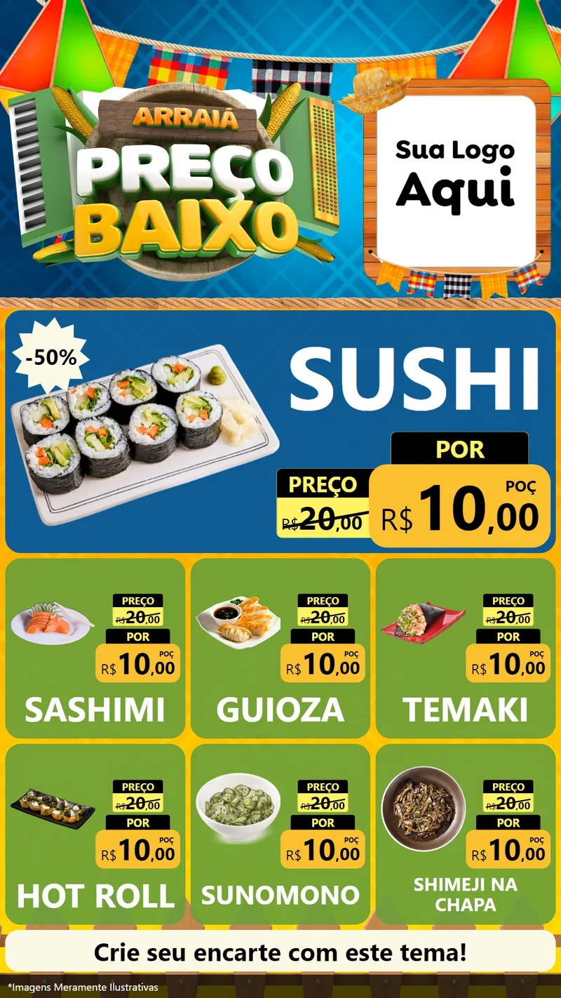 Modelo de Rede Social para Stories com o tema Arraiá de Preço Baixo - Junina para Comida japonesa