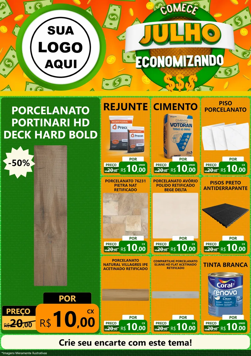 Modelo de Encarte para Encarte A4 Vertical com o tema Comece Julho Economizando para Pisos e revestimentos