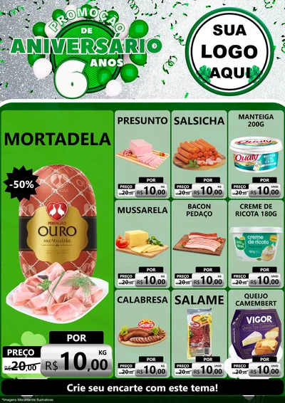 Modelo de Encarte para Encarte A4 Vertical com o tema Promoção de Aniversário - 6 Anos para Frios e Laticínios