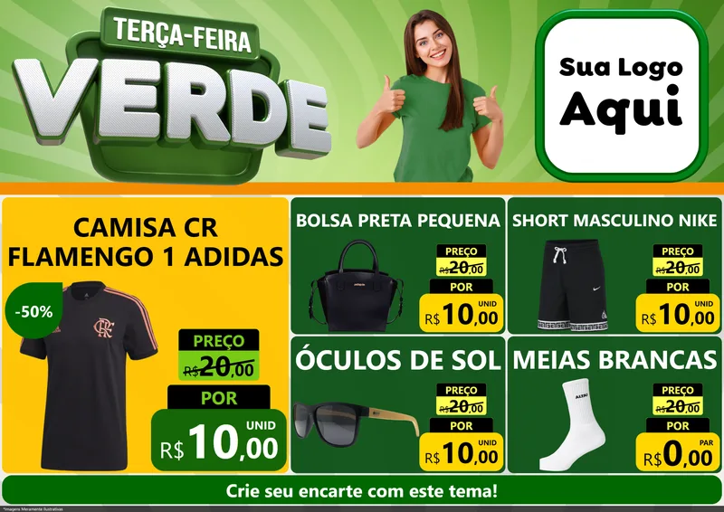 Modelo de Encarte para Encarte A4 Horizontal com o tema Terça - Feira Verde para Roupas e acessórios