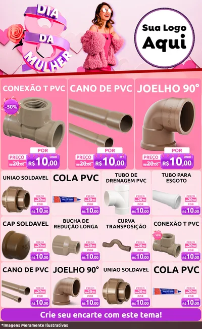 Modelo de Encarte para Encarte Grande com o tema Dia da Mulher para Tubos e conexões