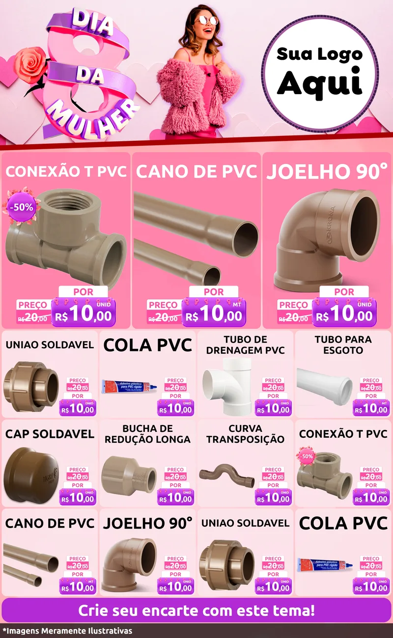 Modelo de Encarte para Encarte Grande com o tema Dia da Mulher para Tubos e conexões