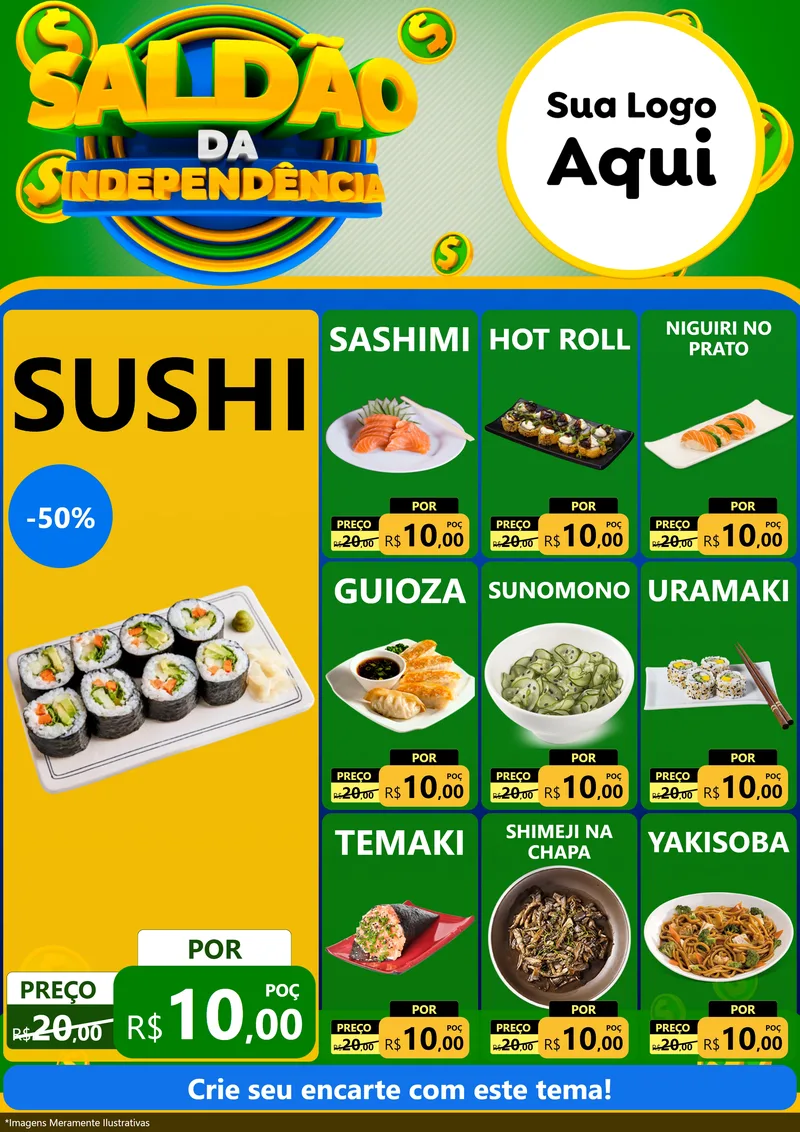 Modelo de Encarte para Encarte A4 Vertical com o tema Saldão da Indepêndencia para Comida japonesa