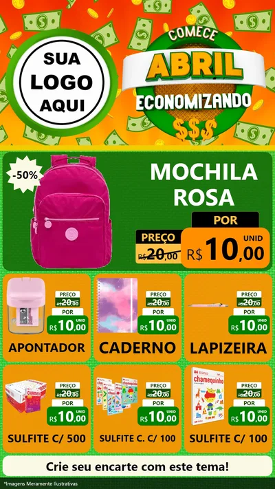 Modelo de Rede Social para Stories com o tema Comece Abril Economizando para Papelaria