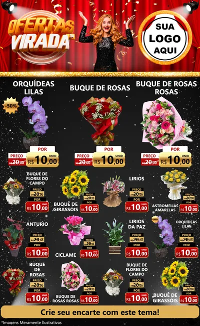 Modelo de Encarte para Encarte Grande com o tema Ofertas da Virada para Floricultura e jardim