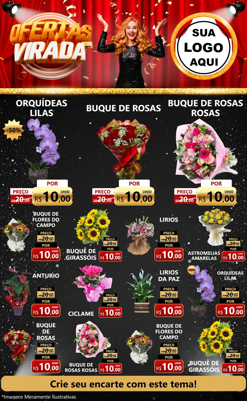 Modelo de Encarte para Encarte Grande com o tema Ofertas da Virada para Floricultura e jardim