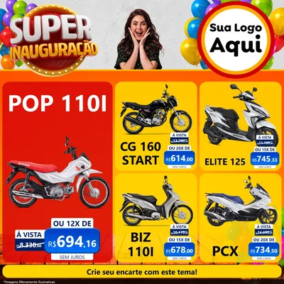 Modelo de Rede Social para Feed Facebook com o tema Super Inauguração para Concessionaria de Motos