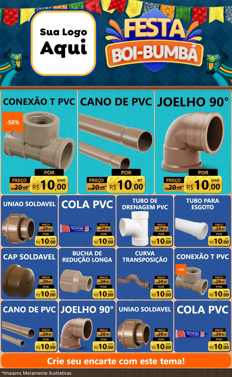 Modelo de Encarte para Encarte Grande com o tema Festa Boi Bumbá para Tubos e conexões
