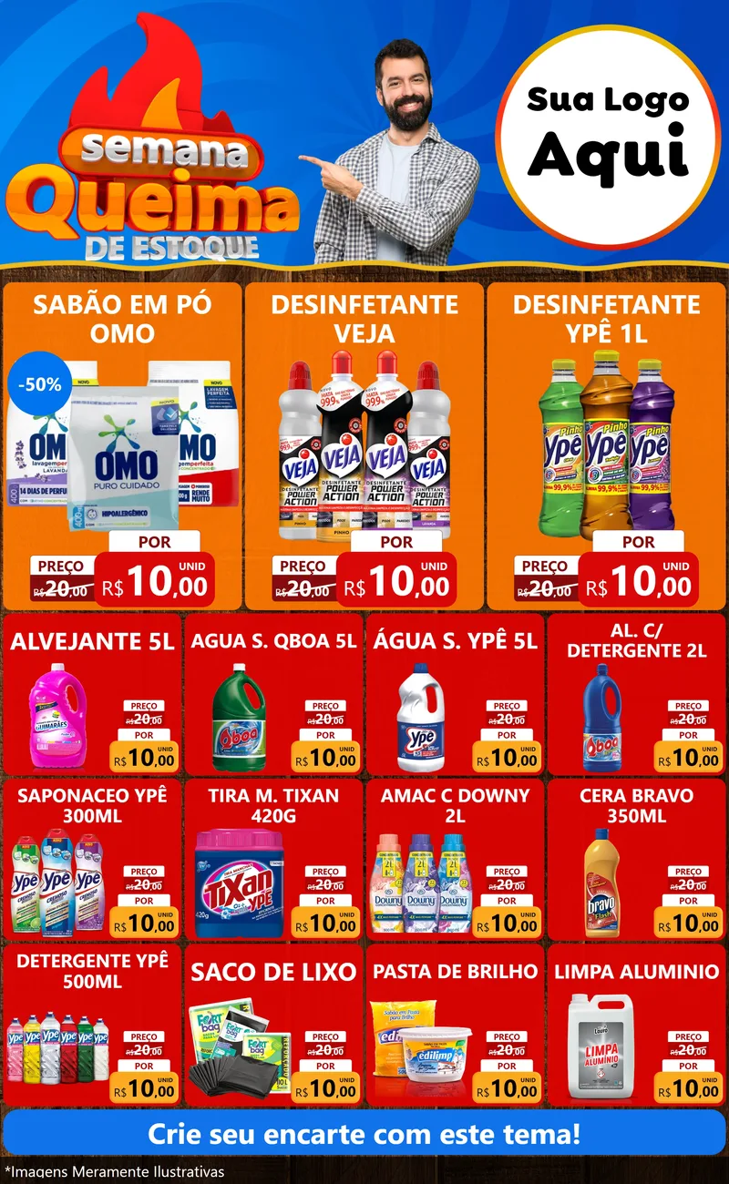 Modelo de Encarte para Encarte Grande com o tema Semana Queima de Estoque para Produtos de Limpeza