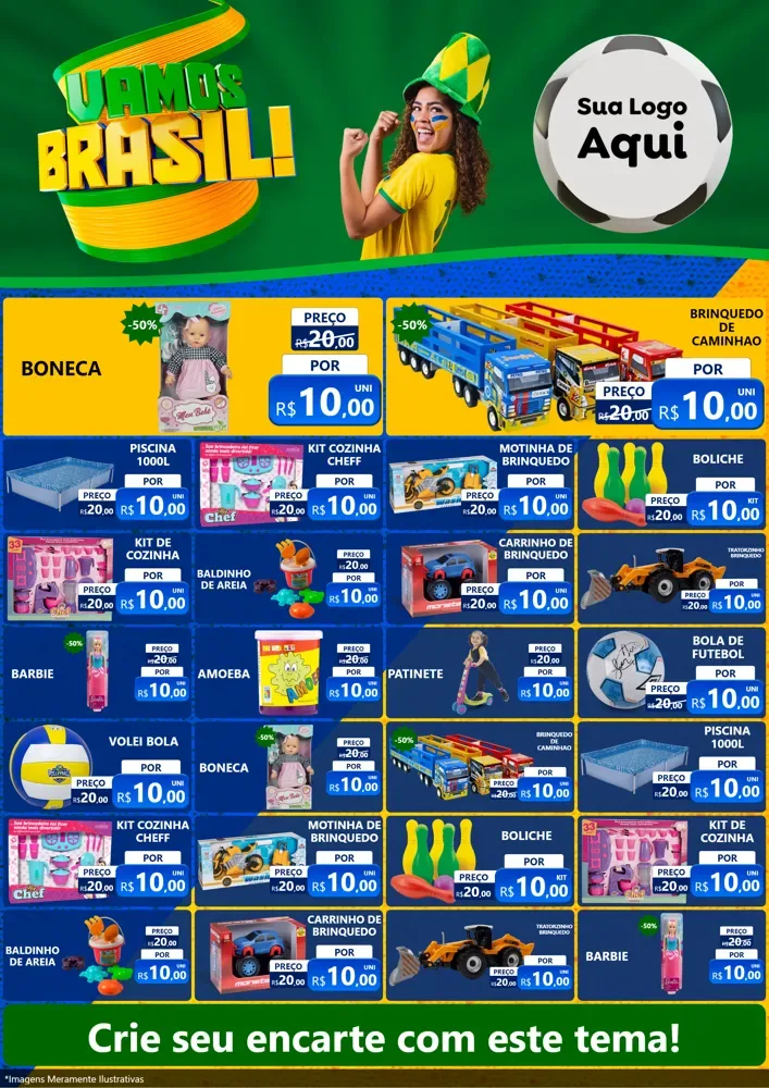Modelo de Encarte para Encarte A4 Vertical com o tema Vamos Brasil - Copa para Brinquedos