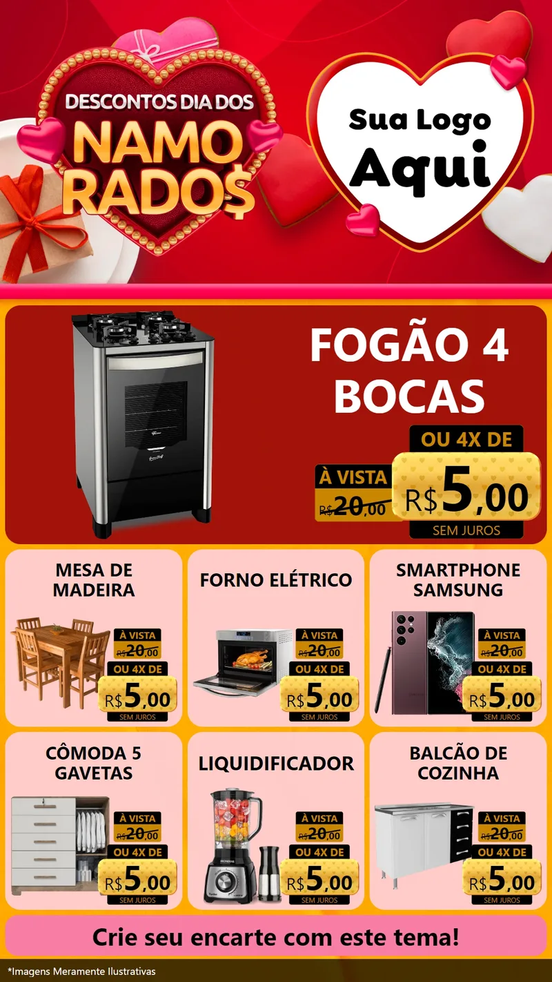 Modelo de Rede Social para Stories com o tema Descontos Dia dos Namorados para Móveis e Eletro