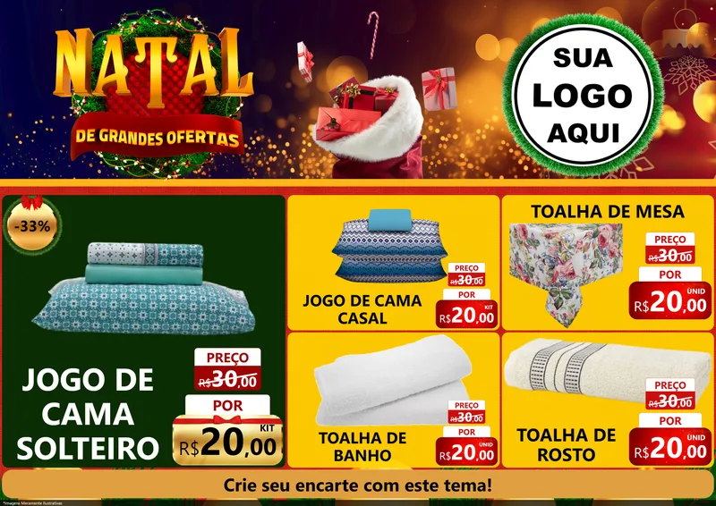 Modelo de Encarte para Encarte A4 Horizontal com o tema Natal de Grandes Ofertas para Cama, Mesa e Banho