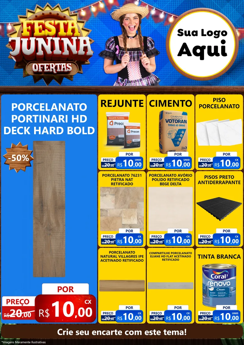 Modelo de Encarte para Encarte A4 Vertical com o tema Festa Junina Ofertas para Pisos e revestimentos
