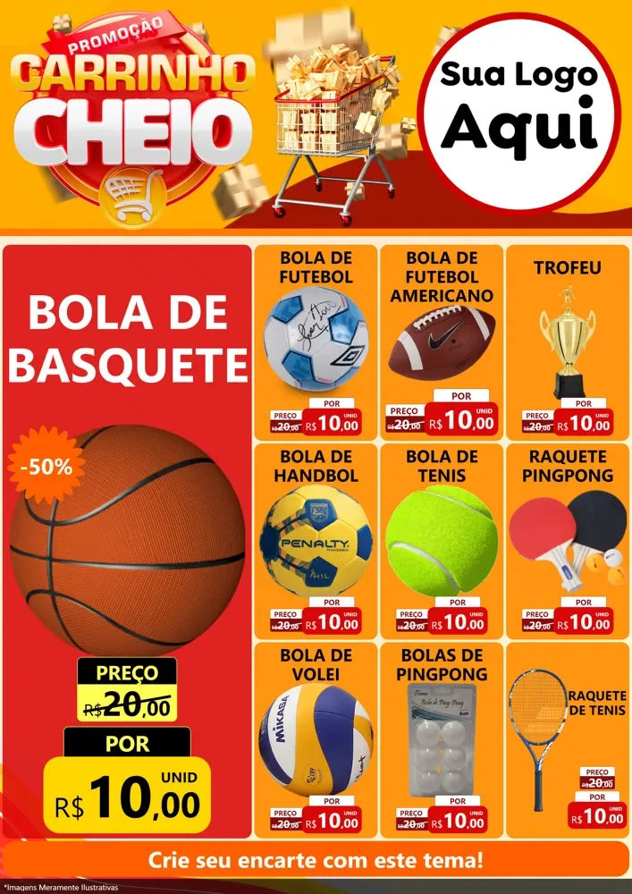 Modelo de Encarte para Encarte A4 Vertical com o tema Promoção carrinho cheio para Artigos Esportivos