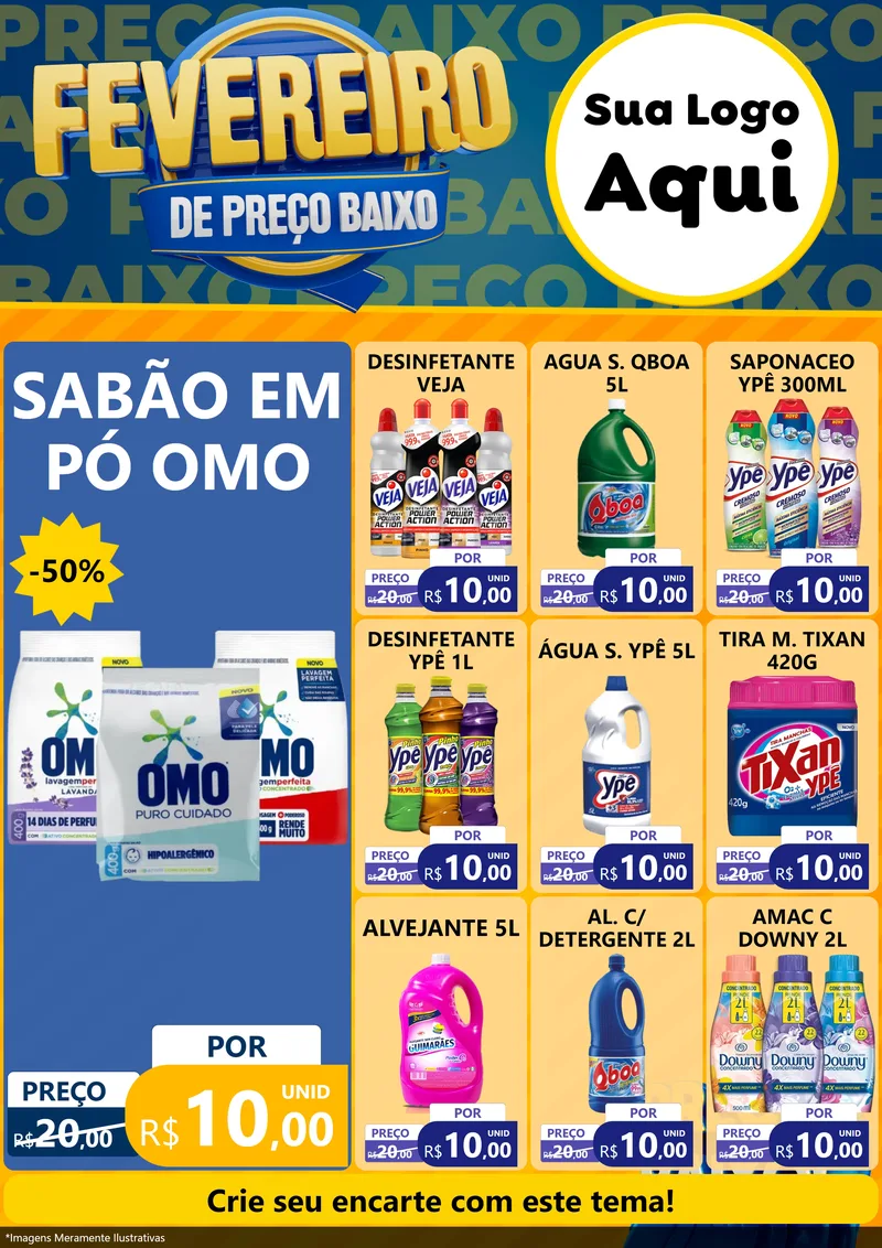 Modelo de Encarte para Encarte A4 Vertical com o tema Fevereiro de Preço Baixo para Produtos de Limpeza