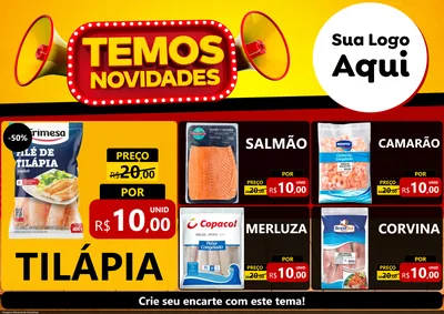 Modelo de Encarte para Encarte A4 Horizontal com o tema Temos Novidades para Peixaria
