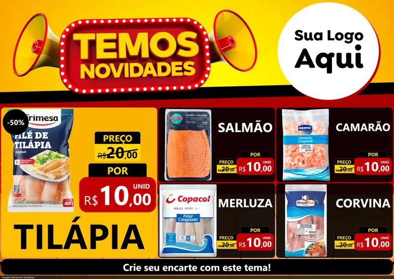 Modelo de Encarte para Encarte A4 Horizontal com o tema Temos Novidades para Peixaria