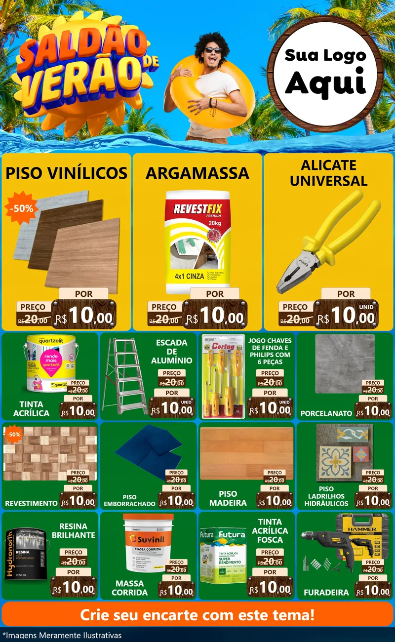 Modelo de Encarte para Encarte Grande com o tema Saldão de Verão para Material para Construção