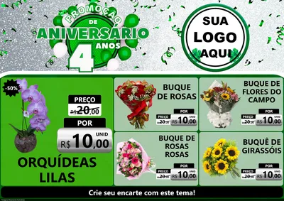 Modelo de Encarte para Encarte A4 Horizontal com o tema Promoção de Aniversário - 4 Anos para Floricultura e jardim
