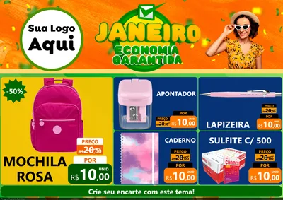Modelo de Encarte para Encarte A4 Horizontal com o tema Janeiro - Economia Garantida para Papelaria