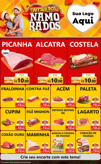 Modelo de Encarte para Encarte Grande com o tema Arraiá dos Namorados para Açougue