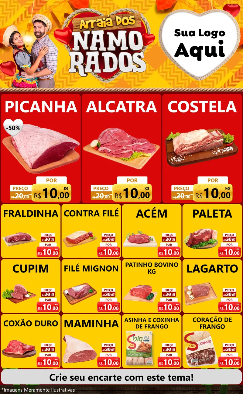 Modelo de Encarte para Encarte Grande com o tema Arraiá dos Namorados para Açougue