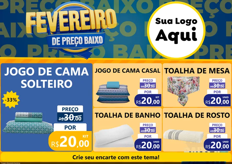 Modelo de Encarte para Encarte A4 Horizontal com o tema Fevereiro de Preço Baixo para Cama, Mesa e Banho