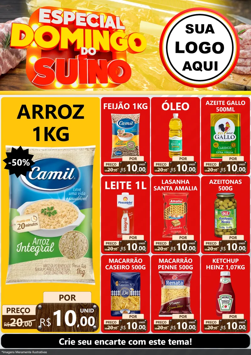 Modelo de Encarte para Encarte A4 Vertical com o tema Especial Domingo do Suíno para Supermercado