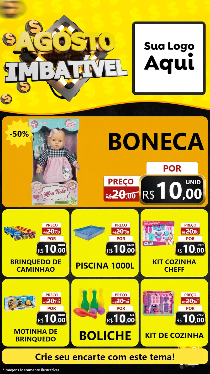 Modelo de Rede Social para Stories com o tema Agosto Imbatível para Brinquedos