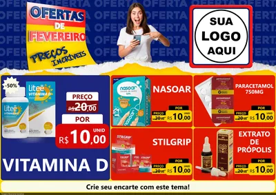 Modelo de Encarte para Encarte A4 Horizontal com o tema Ofertas de Fevereiro - Preços Incríveis para Farmácia