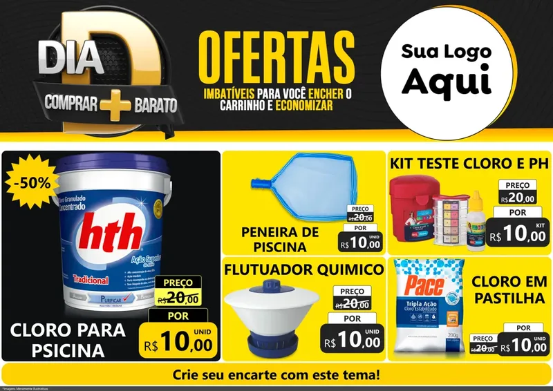 Modelo de Encarte para Encarte A4 Horizontal com o tema Dia D Mais Economia para Produtos para Piscina