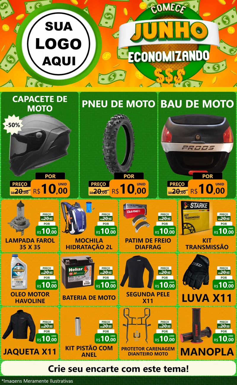 Modelo de Encarte para Encarte Grande com o tema Comece Junho Economizando para Moto peças