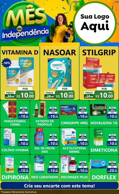 Modelo de Encarte para Encarte Grande com o tema Mês da Independência para Farmácia